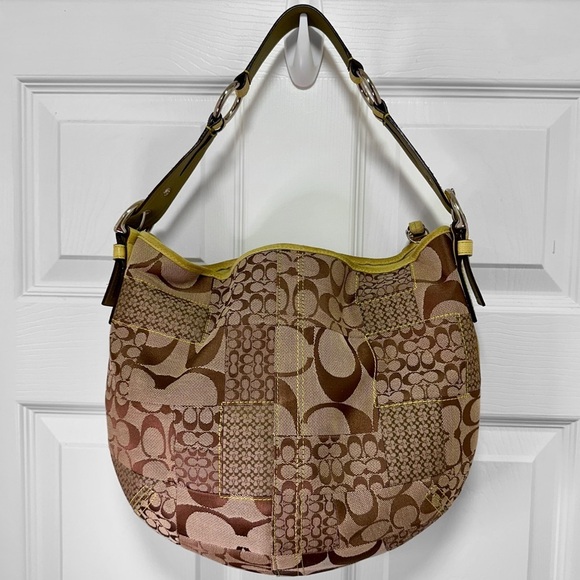 Coach Vintage Y2K Patchwork Signature Hobo Khaki/Multi Yellow Snakeskin & Tassel - Picture 8 of 13